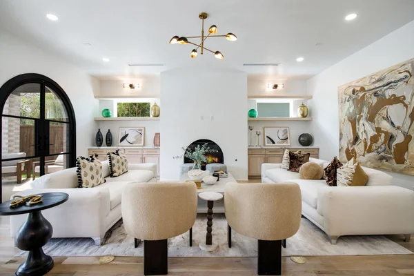 The professionally designed and decorated living room of 6162 Prospect Ave.